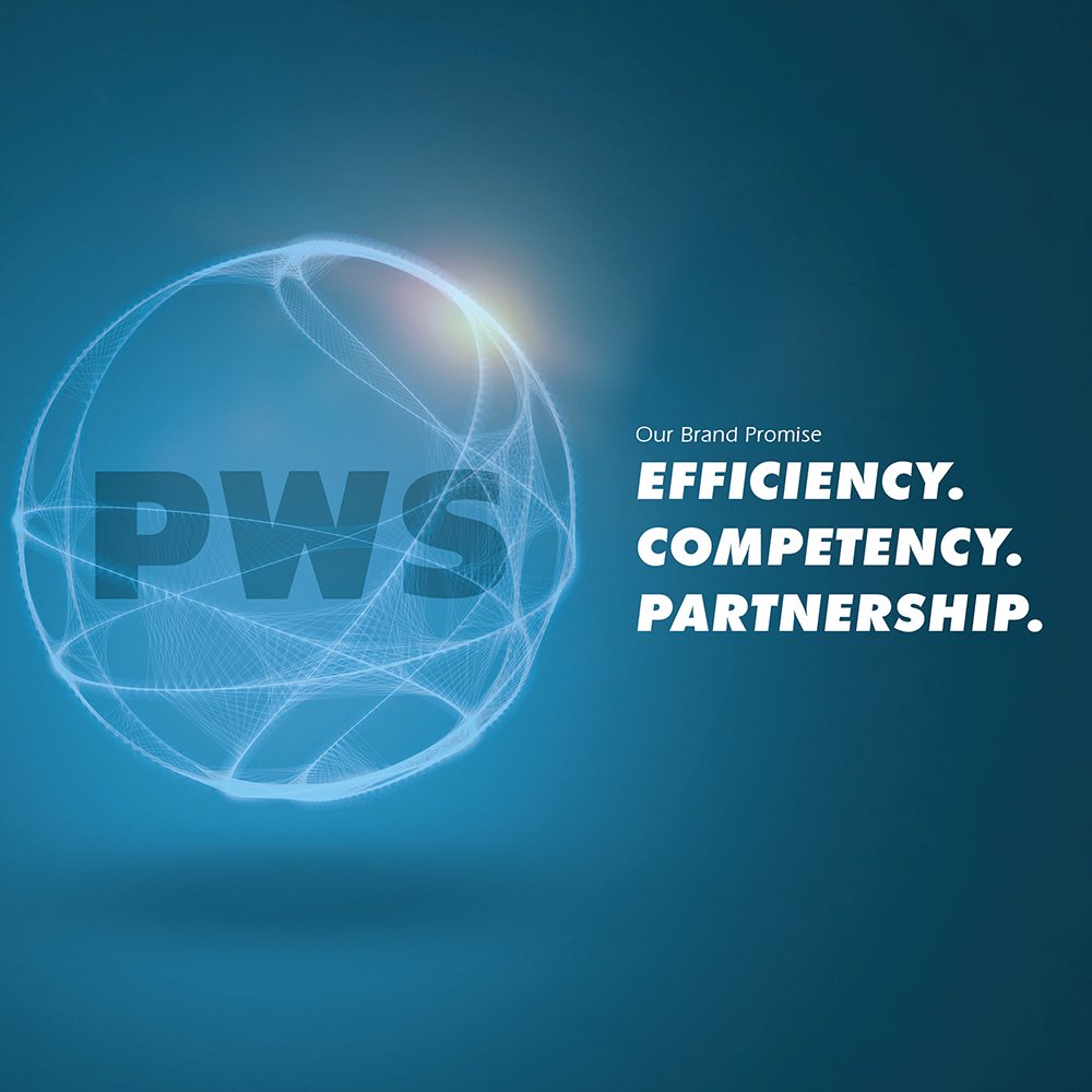 The PWS-Logo in a Ball with the slogan: Efficiency. Competence. Partnership.
